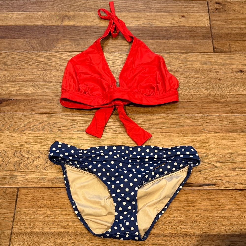 All-American J.Crew Red Halter Bikini Top and Blue Polka Dot Bottoms